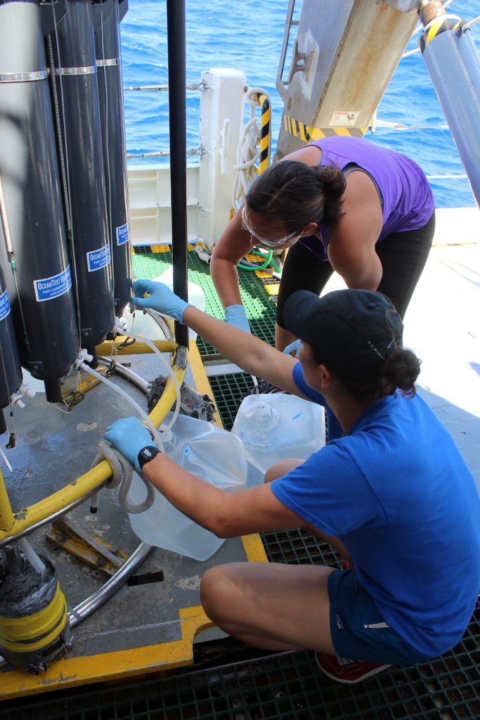 Barbra Ferrell (University of Delaware) and Maddy Lahm (UMCES) collect samples from CTD.