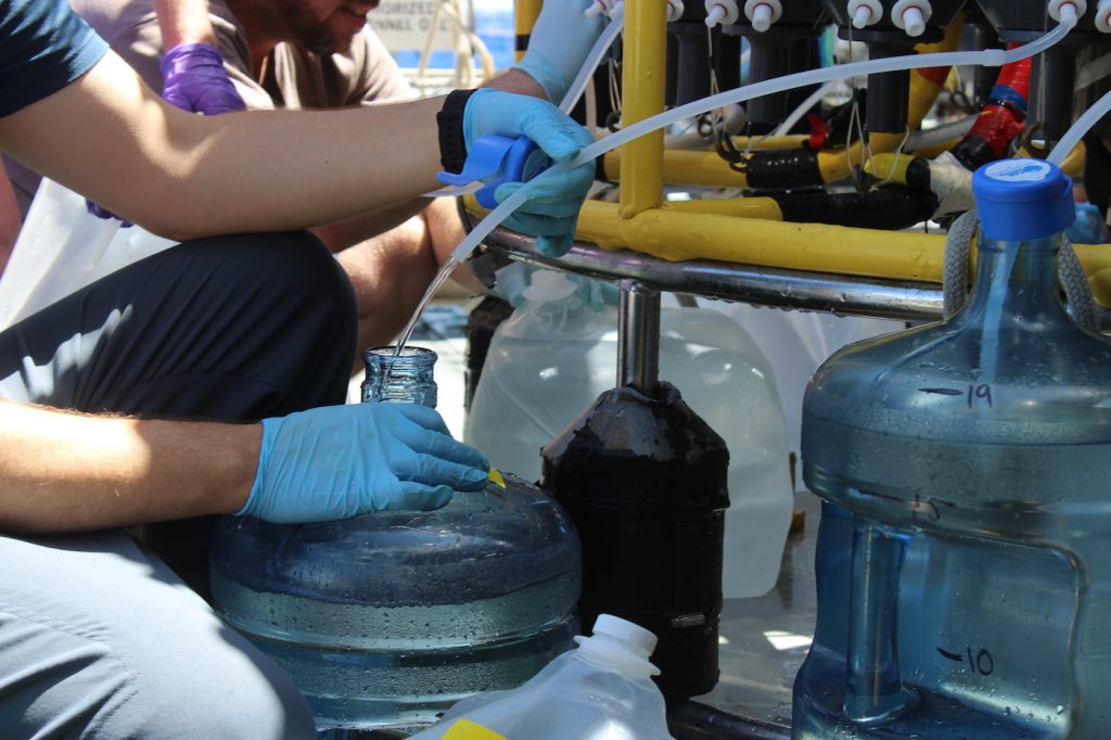 Water being extracted from Niskin bottles on the CTD.